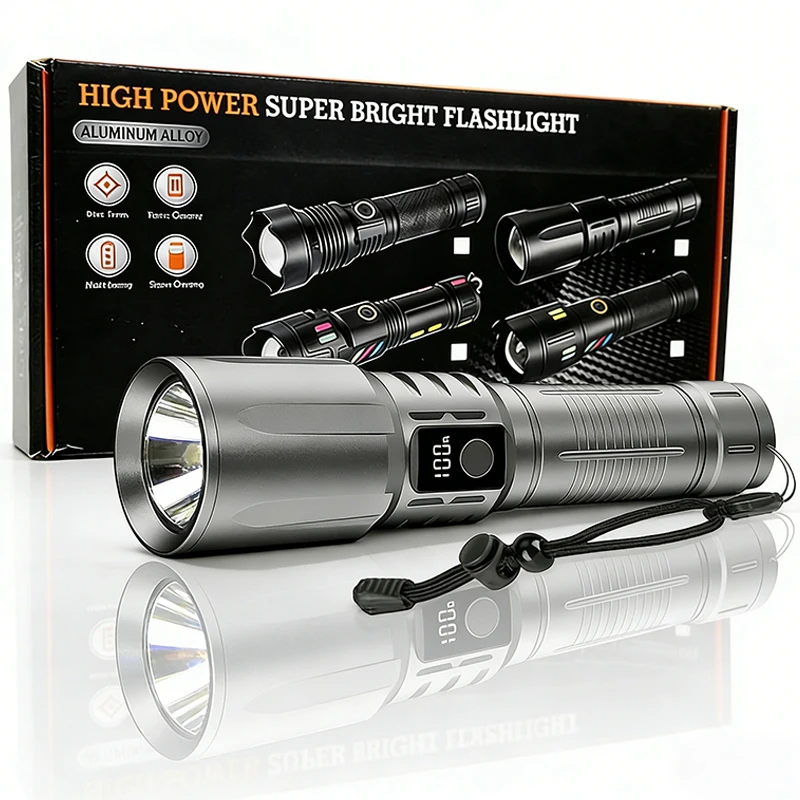 LED Flashlight,Bright Tactical Torch High Lumens with 5 Modes,Power Display,Waterproof Zoomable Flash Light,Hunting Camping