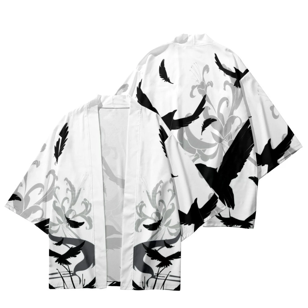 موضة الأسود الغراب طباعة كيمونو 2025 الشارع الشهير النساء الرجال سترة اليابانية Haori بلايز شاطئ يوكاتا تأثيري قمصان غير رسمية #1