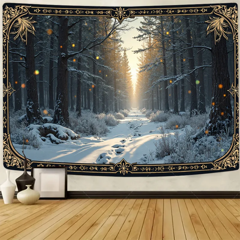 

1pc Wall Tapestry "Winter Wonderland Forest Tapestry - Snowy Pathway with Golden Accents"