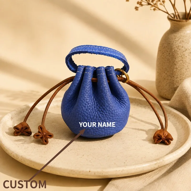 Full Grain Leather Coin Purse Drawstring Pouch Mini Wallet Earphone Jewelry Organizer Small Storage Bag Custom Engraved Gift