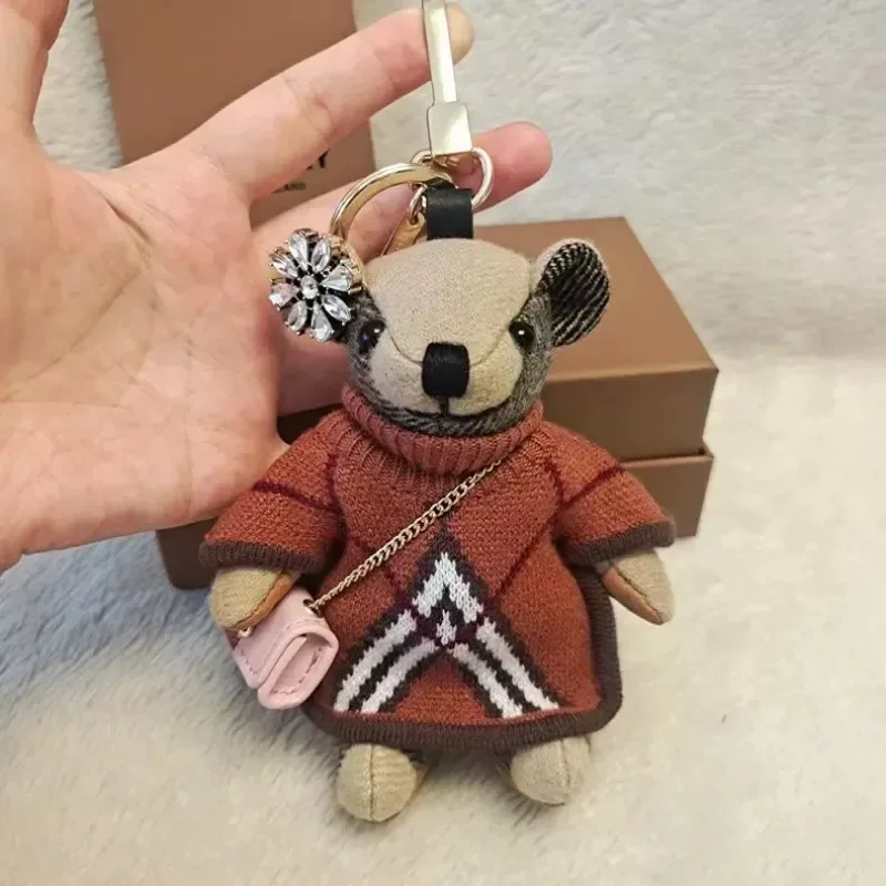 Cute Cashmere Plaid Teddy Bear Car Hanging Keychain Charm Pendant Bag Rhinestone Ear Plush Doll Gift Women Men New