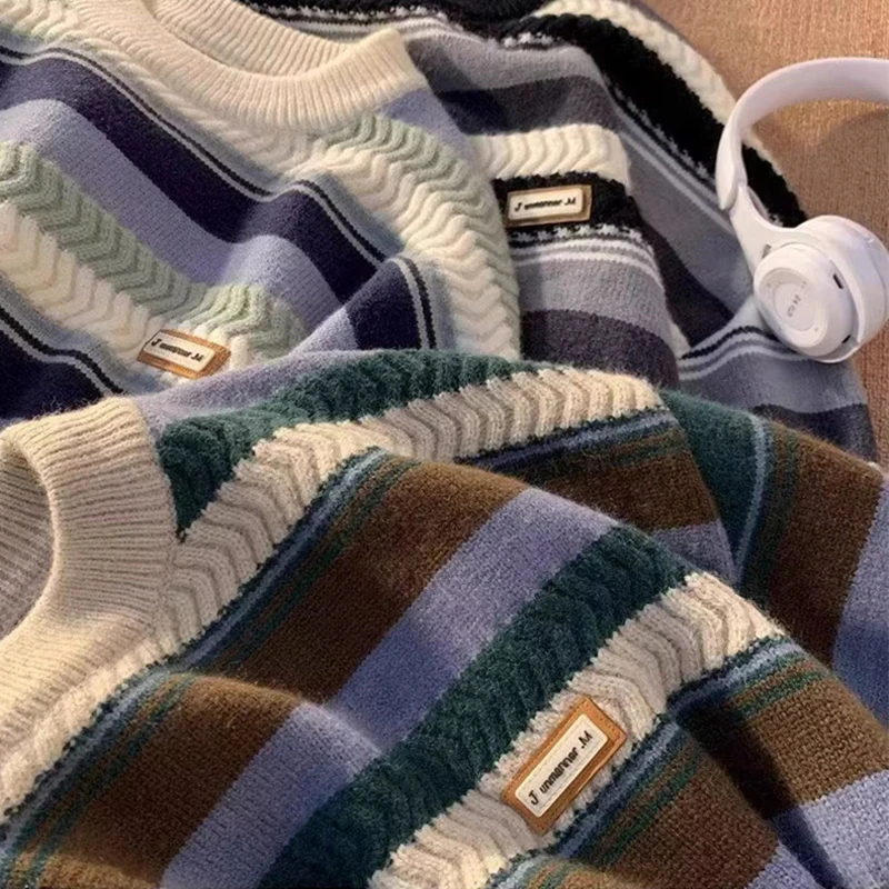 جديد 2025 سترات جاكار مخططة مزينة للرجال Y2K ملابس الشارع الشهير بلوفرات محبوكة غير رسمية مرقعة فضفاضة سحب أوم #3