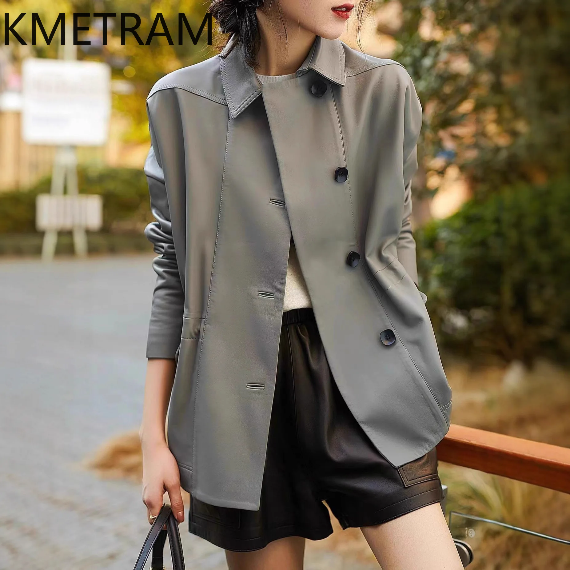 KMETRAM Genuine Sheepskin Leather Jacket Woman Drawstring Waist Mid-Length Coat High Quality Autumn Jackets Women Clothing 2026