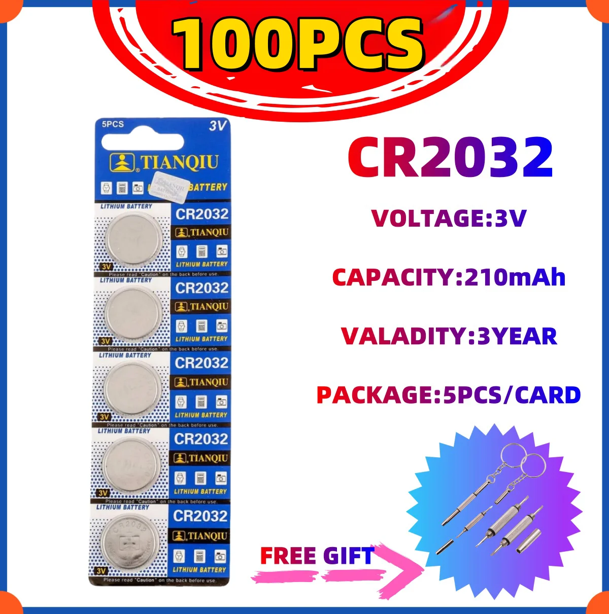 

100PCS CR2032 TIANQIU Battery DL2032 ECR2032 BR2032 2032 3V Lithium Button Cell Coin Battery Long Lasting for Watch Remote