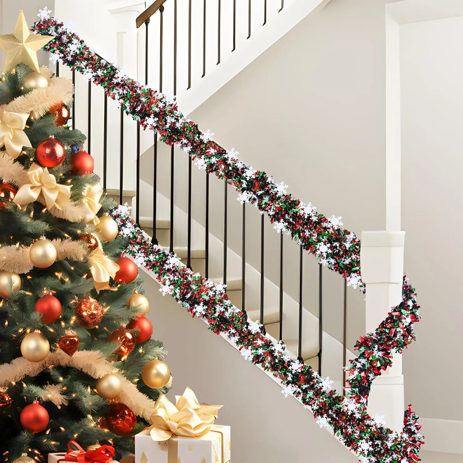 2M クリスマス スノーフレーク ティンセル ガーランド ク - Tinsel Garland Decoration のレビューと価格