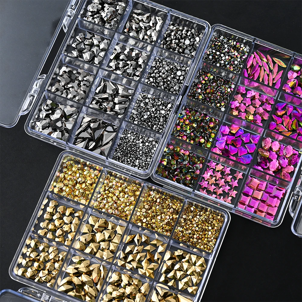 12 Grids Shiny Gold Glass Nail Rhinestones Set Multi Shapes Flatback Gems Crystal 1500Pcs+ Manicure Diomand Gemstones 1mm-8mm