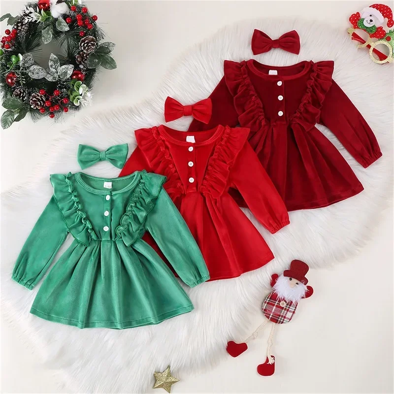 0-4T Toddler Newborn Kids Baby Girls Velvet Dress Solid Color Ruffled Princess Party Long Sleeve Dress Clothes Girl Winter Dress