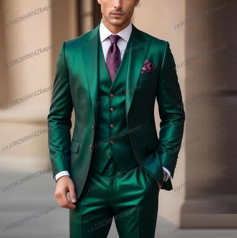 

New Green Acetate Satin Formal Men Suit Groom Groomsman Wedding Party Prom Business Male Tuxedos 3 Piece Set Blazer Veest Pants