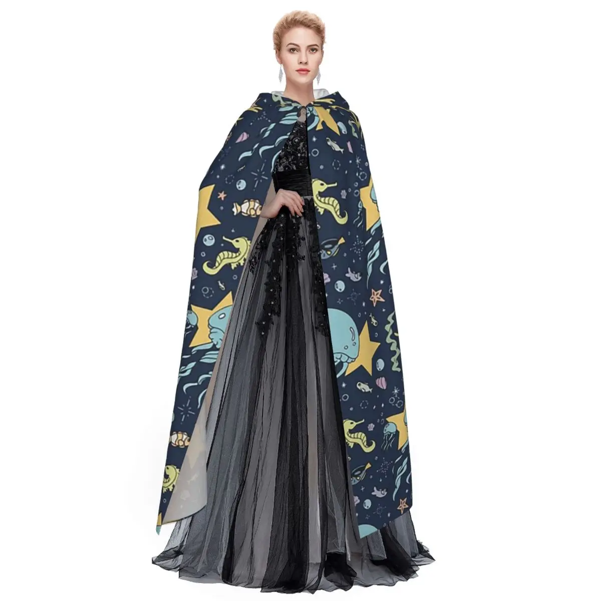 Jellyfish Pattern  Long Hooded Cloak Witch Medieval Costume Cosplay Cape HalloweenCoat Adult Unisex