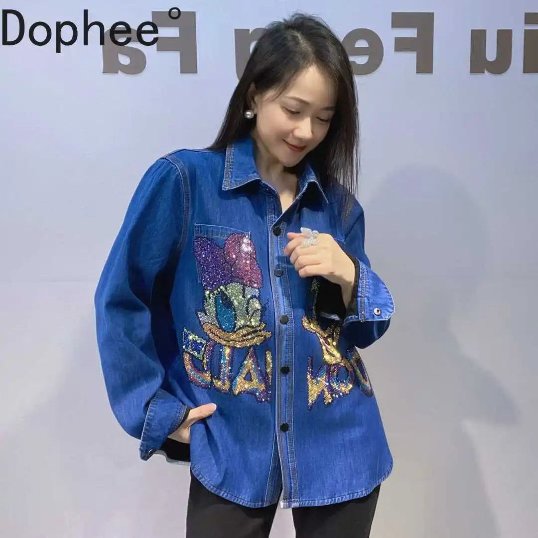 

Модные женские джинсовые рубашки с героями мультфильмов, новые осенне-зимние утепленные флисовые свободные кардиганы, топ, джинсы с длинными рукавами, блузки