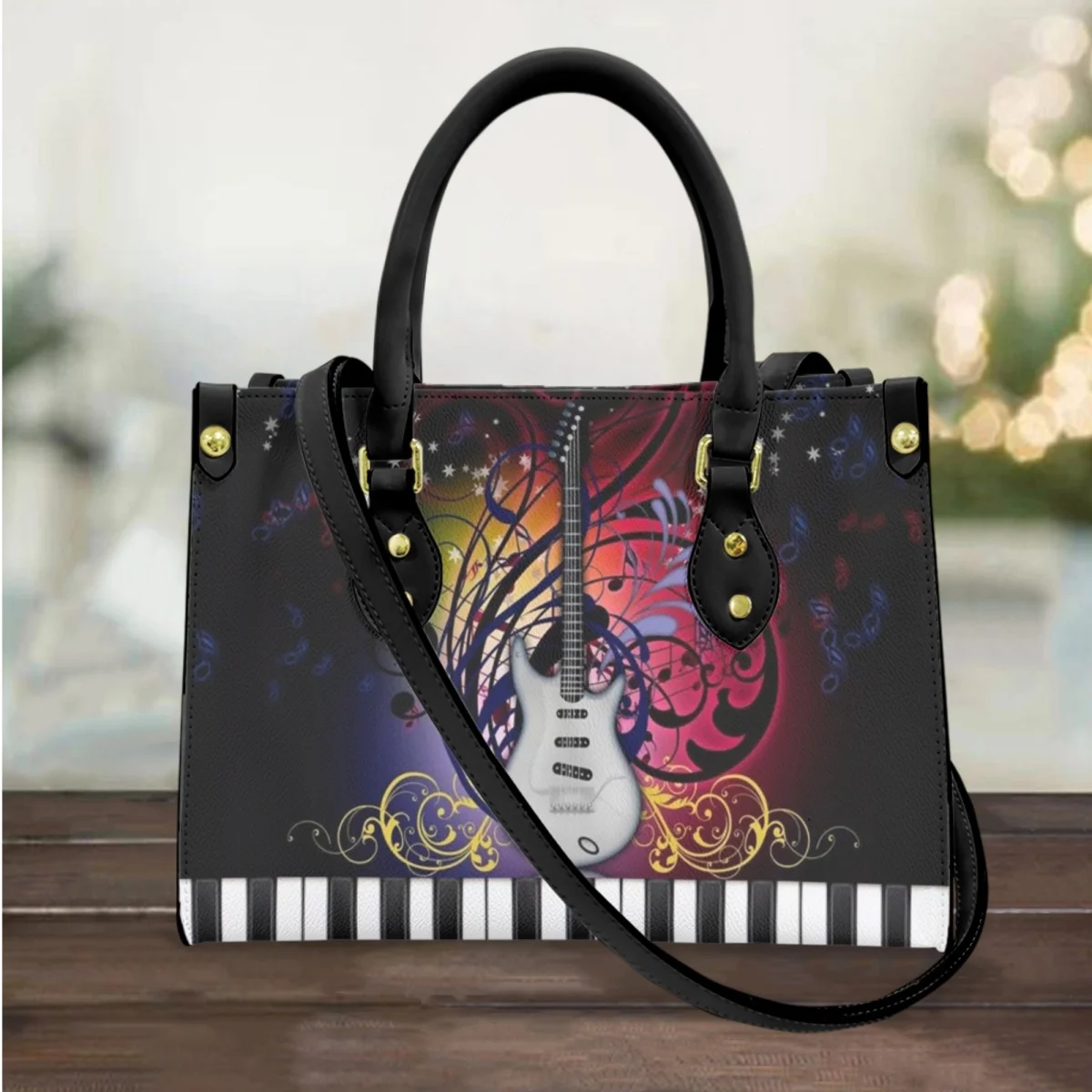 

Guitar Piano Notes Brand Designer Leather Handbag Music Printing Messenger Bag Women Outing Fashion Vintage Clutch Shoulder Bag