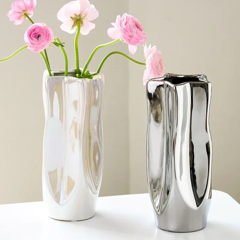 

Ceramic Vase Flower Luxury Electroplated Silver Arrangement Irregular Porcelain Hydroponic Vase Ornament Interior Art Decoration