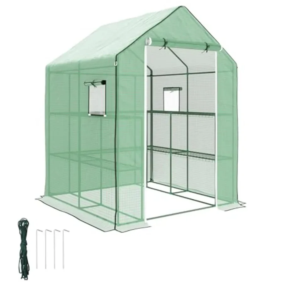 

4.6' x 4.7' Portable Greenhouse Water/UV Resistant Walk-in Small Outdoor Green House with 2 Tier U-Shaped Flower Rack Shelves R