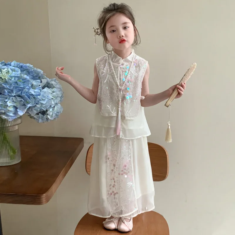 

2025Girls' Summer New Fairy Sequin Embroidered New Chinese Style National Style Super Pretty Princess Two-Piece Set