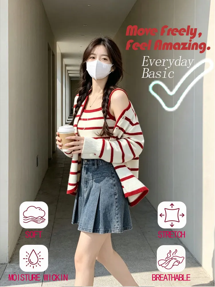 Women's 2 Piece Outfit, Red Striped Knit Cami & Cardigan Set, Thin Korean Style Spring Fashion Suit, Casual Versatile Sun Protec