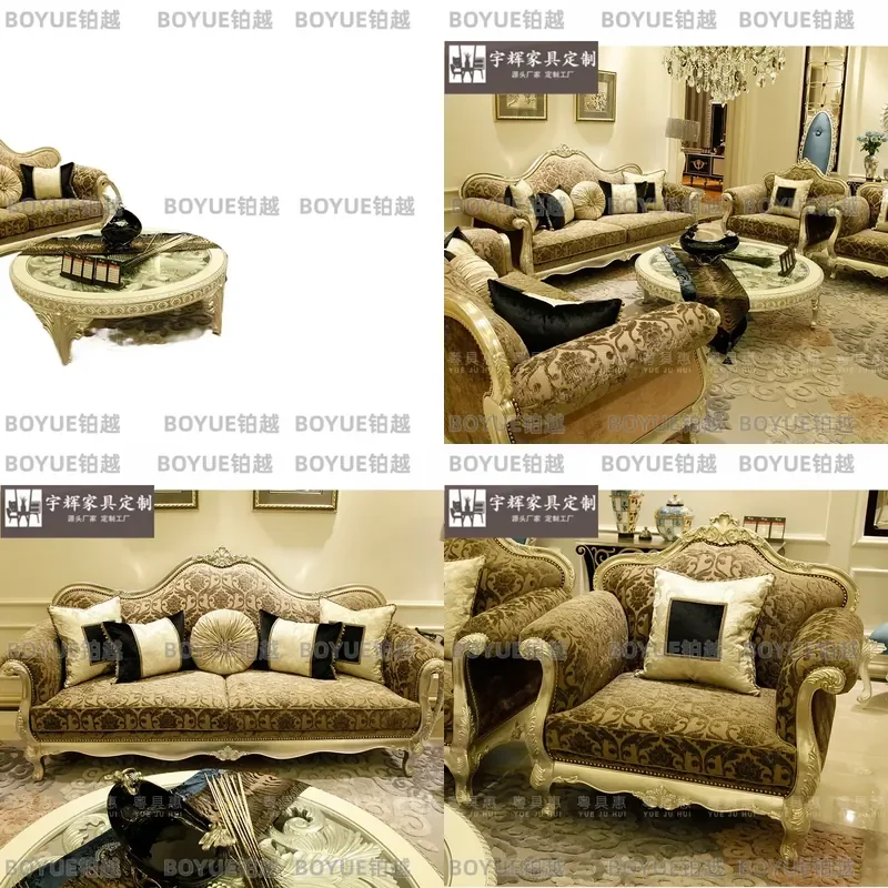 French Neoclassical Fabric Sofa Set Solid Wood Carved Couch Large Living Room Furniture European Style Home Decor