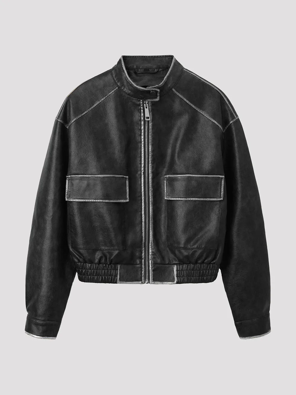 Cropped Dark Women Leather Jacket Short Classic Design Stand Collar Top Windproof Warm Coat Daily Commute Casual Outerwear