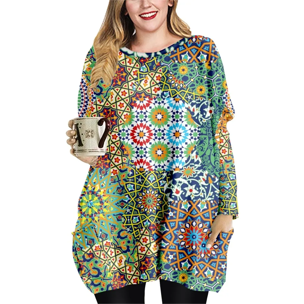 NEW Pattern Stitching Print Spring Autumn Loose Casual Style Ladies T-shirt Double Pocket Dress Round Neck Long Sleeve Dress-