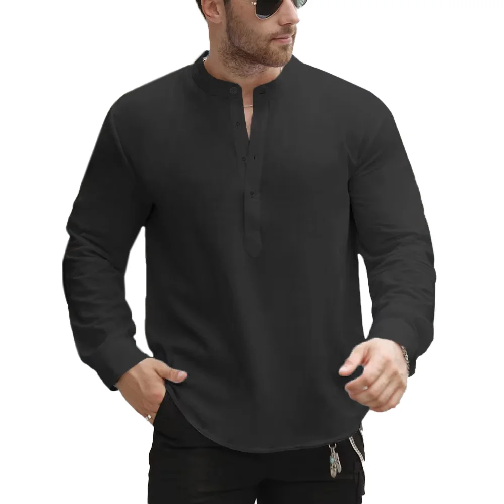 الرجال الربيع الصيف مائة الألوان الصلبة عادية بسيطة رجالي بلايز تنفس القطن الكتان الرجال زر أسفل القمم