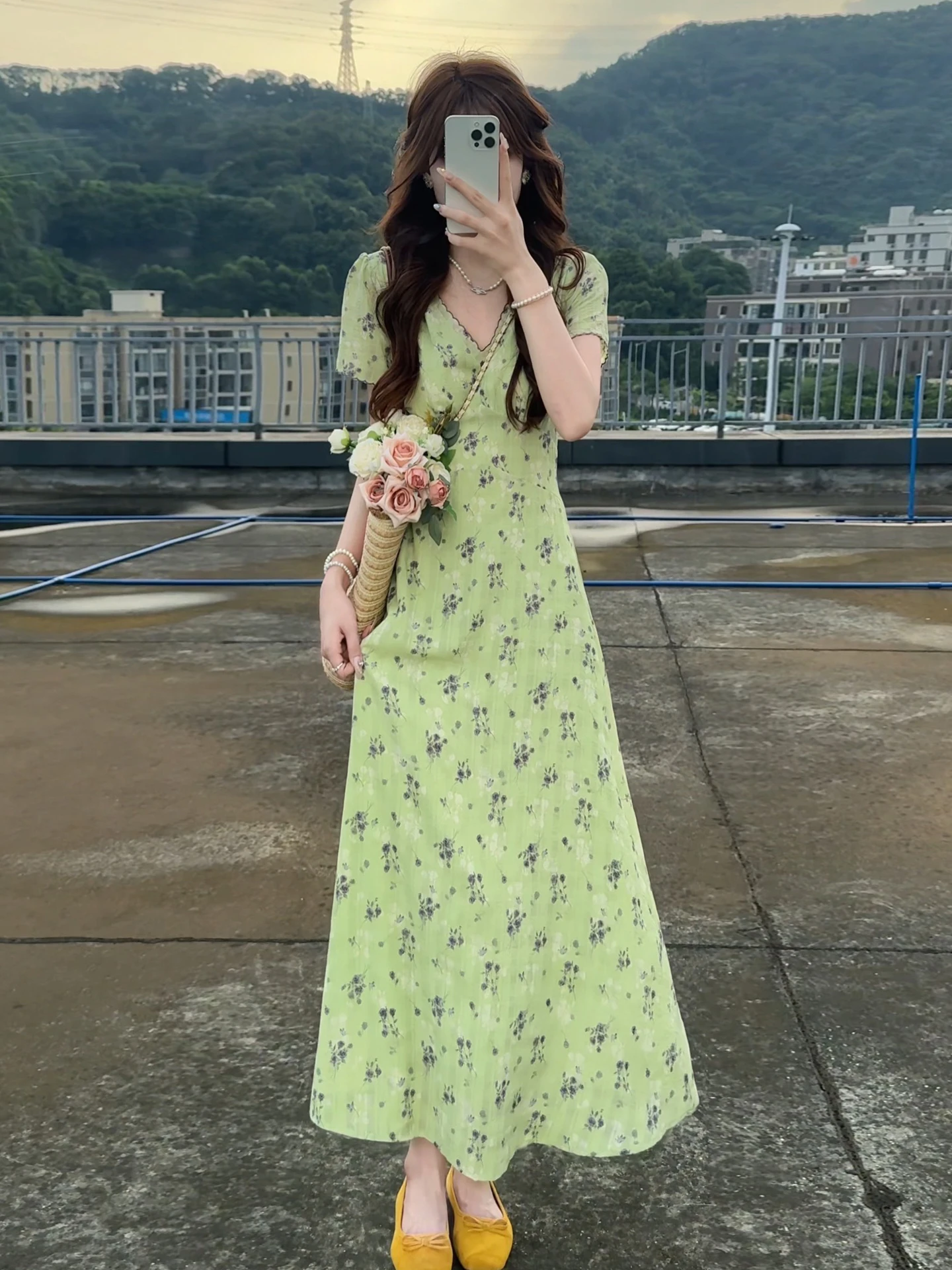 een Floral Print V-Ne Dr Women's Summer New Sle Beautiful A-Line Skirt ort Sve High Waist Sweet Sle Dr.