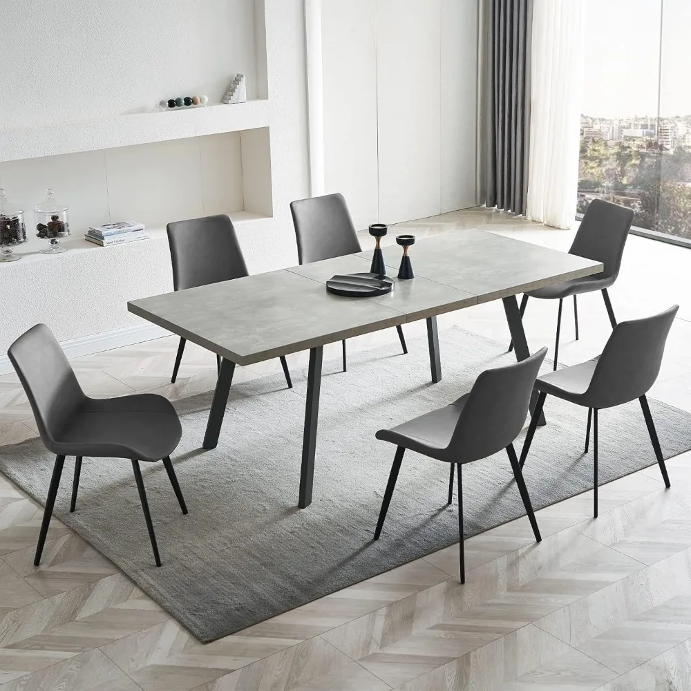 7 Piece Dining Table Set, 62 Inch Modern Kitchen Table with 6 Dining Chairs for 4-6 Person, Expandable MDF Dining Table