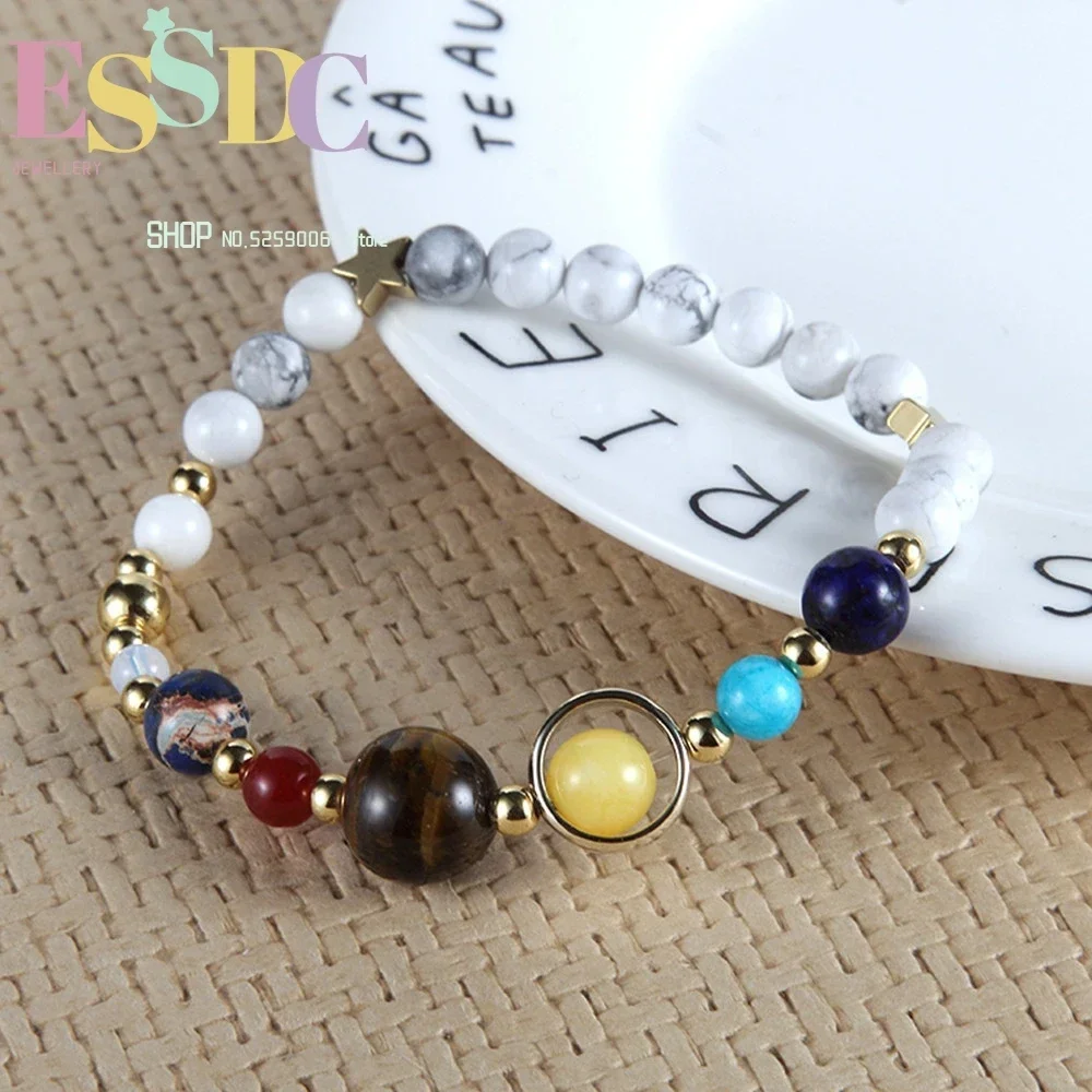 Cosmic Milky Way Eight Planets White Grain Stone Beads Elastic Bracelet Personality Star Fashion Jewelry Gift for Women