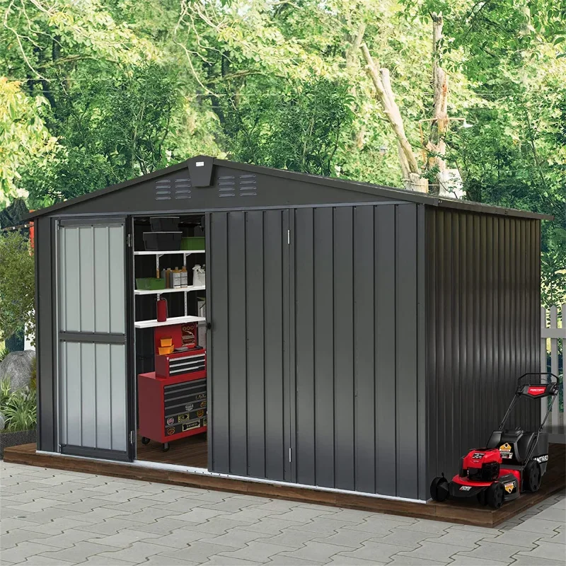 Outdoor Storage Shed 10'x 8',Metal Garden Shed for Bike,Trash Can,Tools,Galvanized Steel Storage Cabinet for Backyard,Patio,Lawn