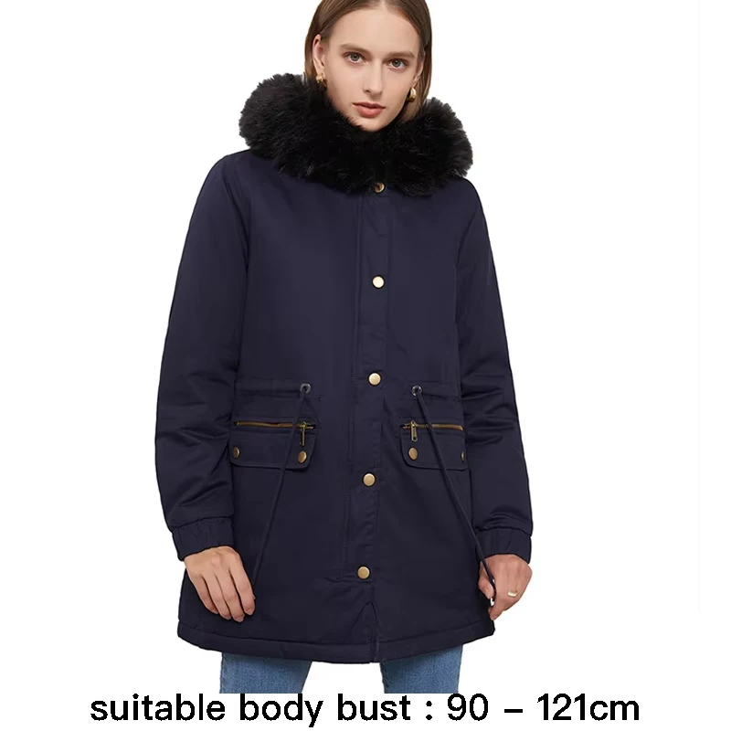 

High quality faux fur hooded trench coat for women big size plush lining new winter 2024 casual clothes - black blue grey