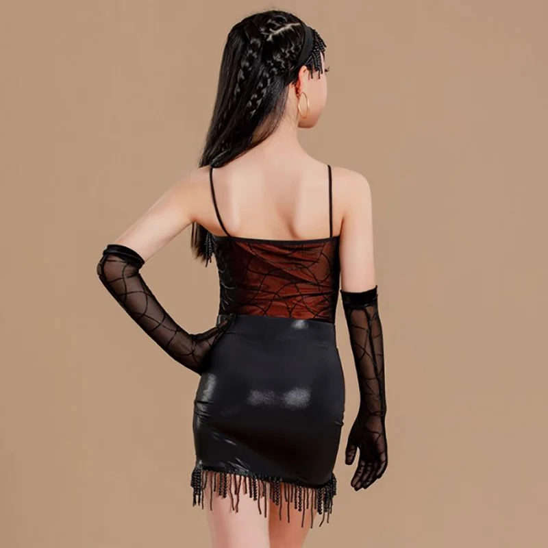 Costume da ballo latino per bambina, body in rete con stampa con cinturino per spaghetti e gonne con nappe con perline, abbigliamento da ballo da competizione Rumba Chacha