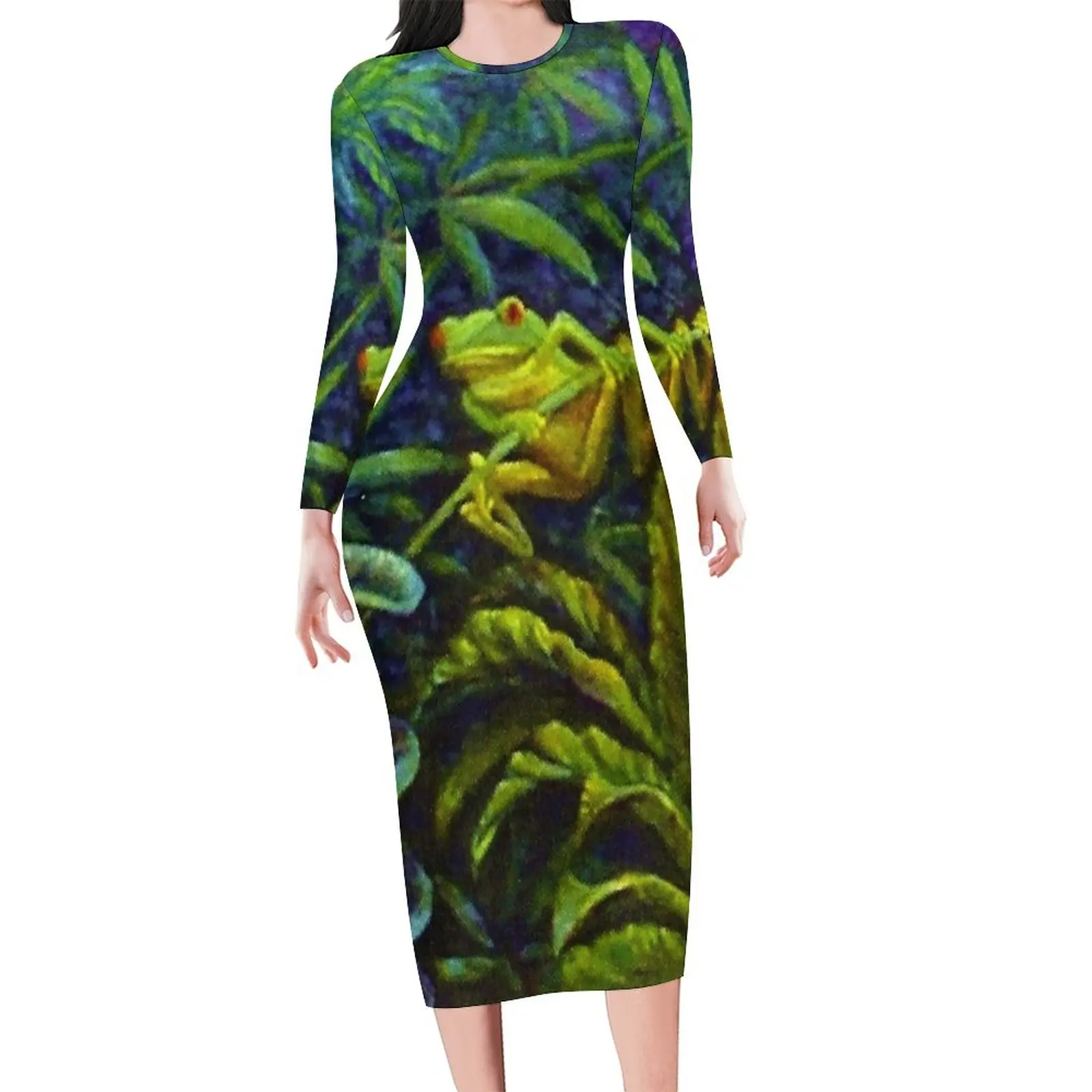 Tree Frog Dress Female Red Eyed Tropical Frogs Jungle Street Wear Bodycon Dress Holiday Long Sleeve Elegant Dresses Vestidos