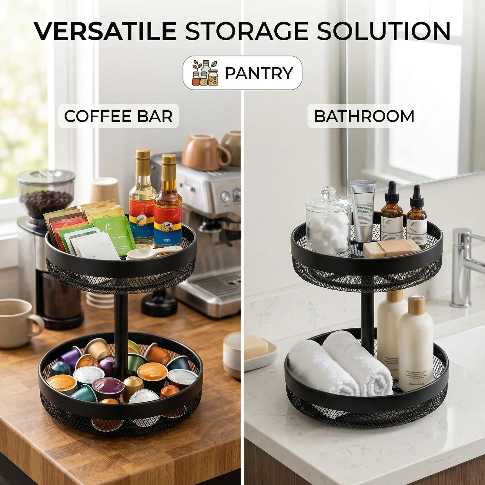 Modernes schwarzes 2-stöckiges Obstschalenregal, abnehmbarer Drahtgitter-Servierkorb für Küchentheke, Kaffeebar, Speisekammer, Badezimmer, Zuhause
