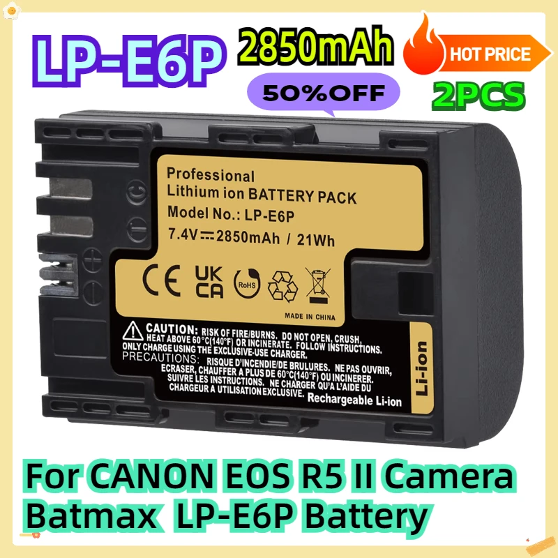 

For CANON EOS R5 II Camera Batmax 2850 MAh LP-E6P Battery 2pcs