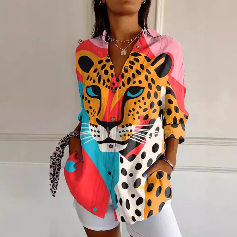 3D Leopard Pattern Printed T-shirt Women Summer Trend Half Sleeved American Trend Row Multi Button Cardigan Half Sleeved Top New