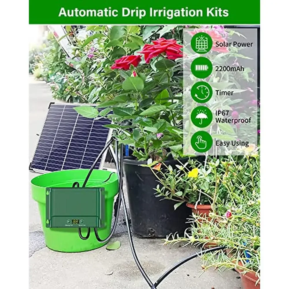 Solar Powered Drip Irrigation System 30 Plants Watering Kit Timer Alarm