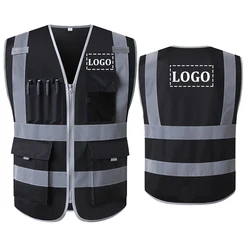 Black Reflective Vest Safety Vest With Custom Logo Printing Text Custom High Visibility Workwear Vest