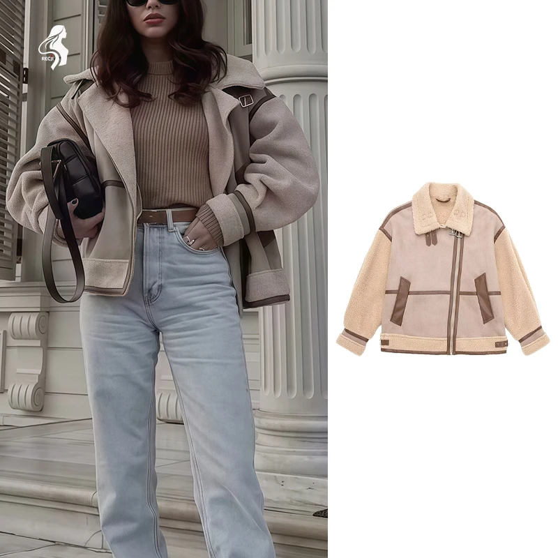 

Womens Color Block Patchwork Jacket Zipper Turn Down Collar Patchwork Casual Versatile Jacket Everyday Casual Outfit Trafizaran