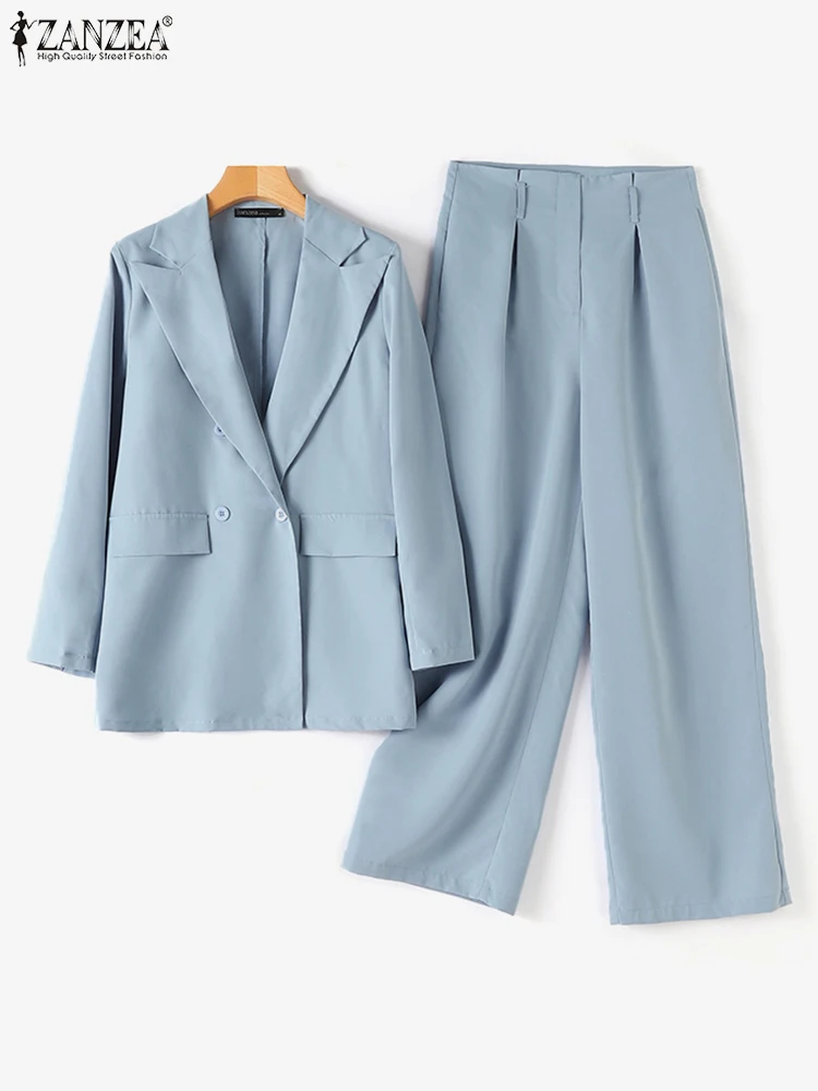 ZANZEA-chándal de 2 piezas para mujer, Blazer elegante de manga larga con cuello de solapa, conjuntos de pantalones de pierna ancha sólidos,