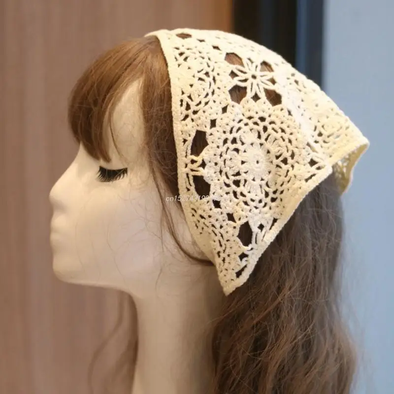 Floral Hair Bandana Knitted Head Kerchief Women Bandana Handmade Crochet Hair Scarf Triangled Headband with Ties