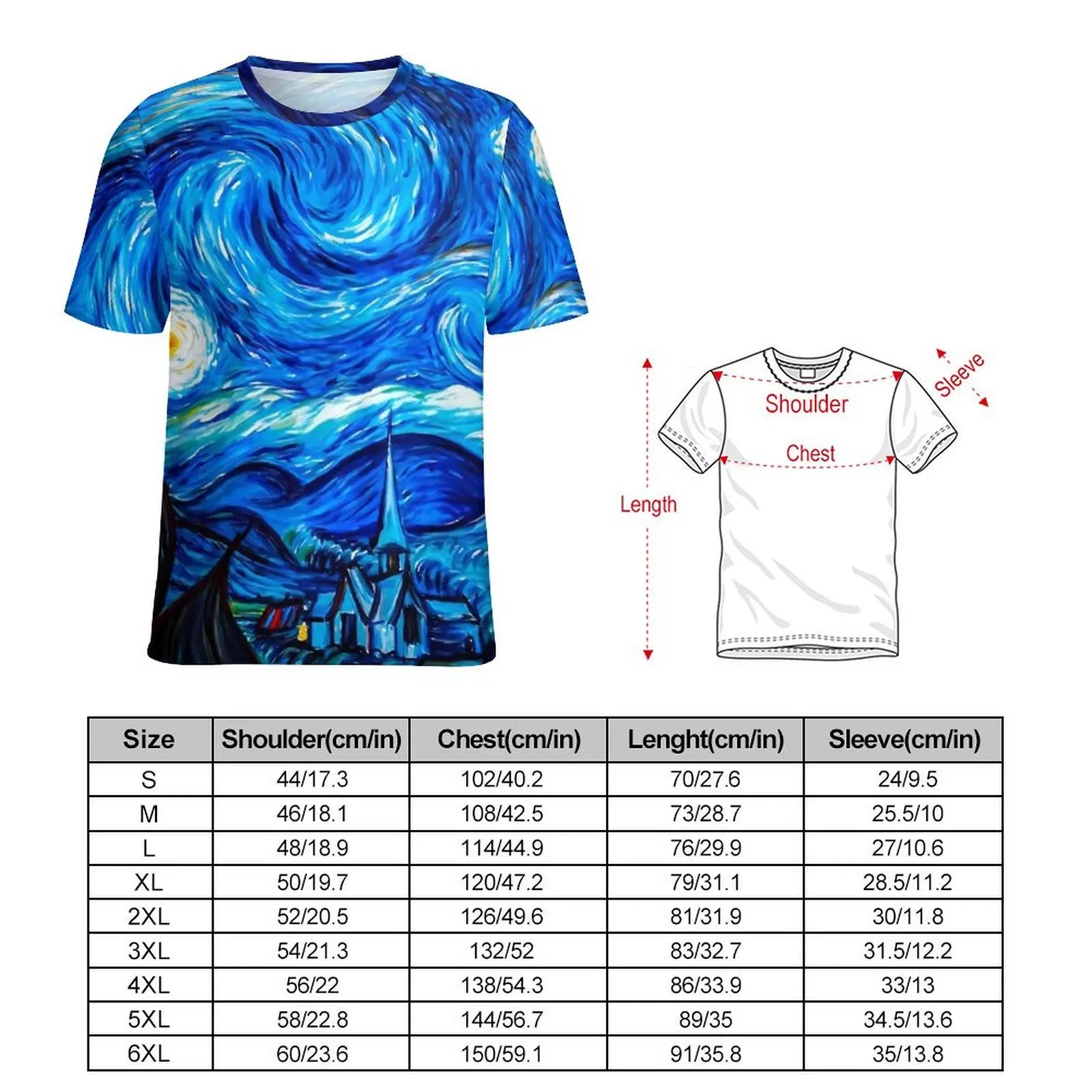 Classic Starry Night T Shirt Vincent Van Gogh Fashion T Shirts Men Streetwear Tee Shirt Original Short Sleeve Clothing Plus Size