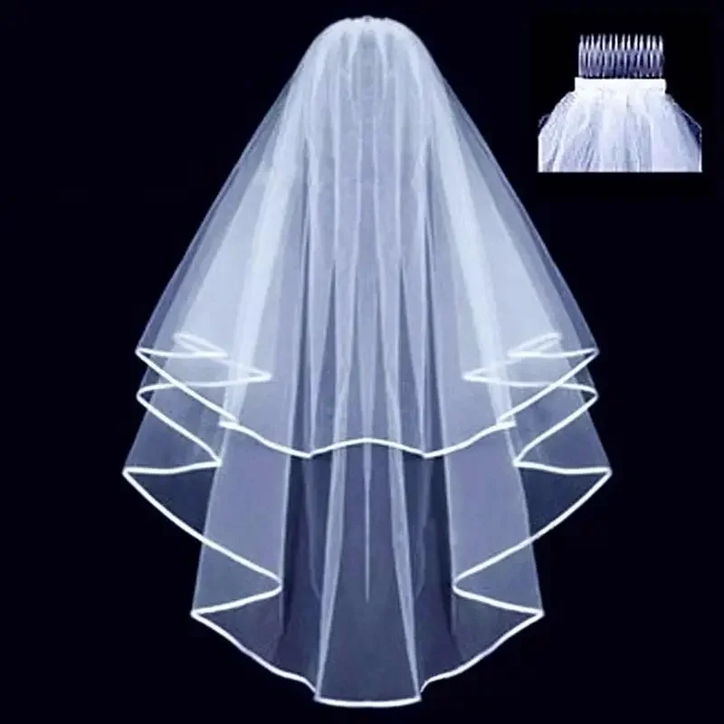 Wedding Simple Tulle White Color Two Layers Bridal Veil Ribbon Edge Cheap Bride Accessories Women Comb