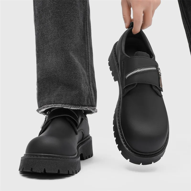 2025 New Mens Matte Derby Shoes British Workwear Zipper-Trimmed Casual Shoes Big Round-Toe Black Leather Footwear for Daily Wear