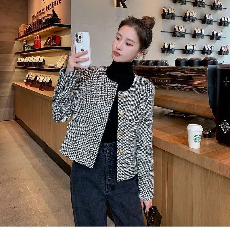 2024 New Spring Autumn Coat Women Fashion Single Breasted Buckle Casual Coarse Tweed Jacket Female Outerwear Top Casaco Feminino