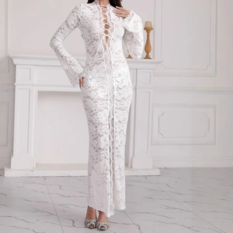 

2025 New Sexy Hot Girl Lace See-through Fashion Street Split Long Sleeve Dress