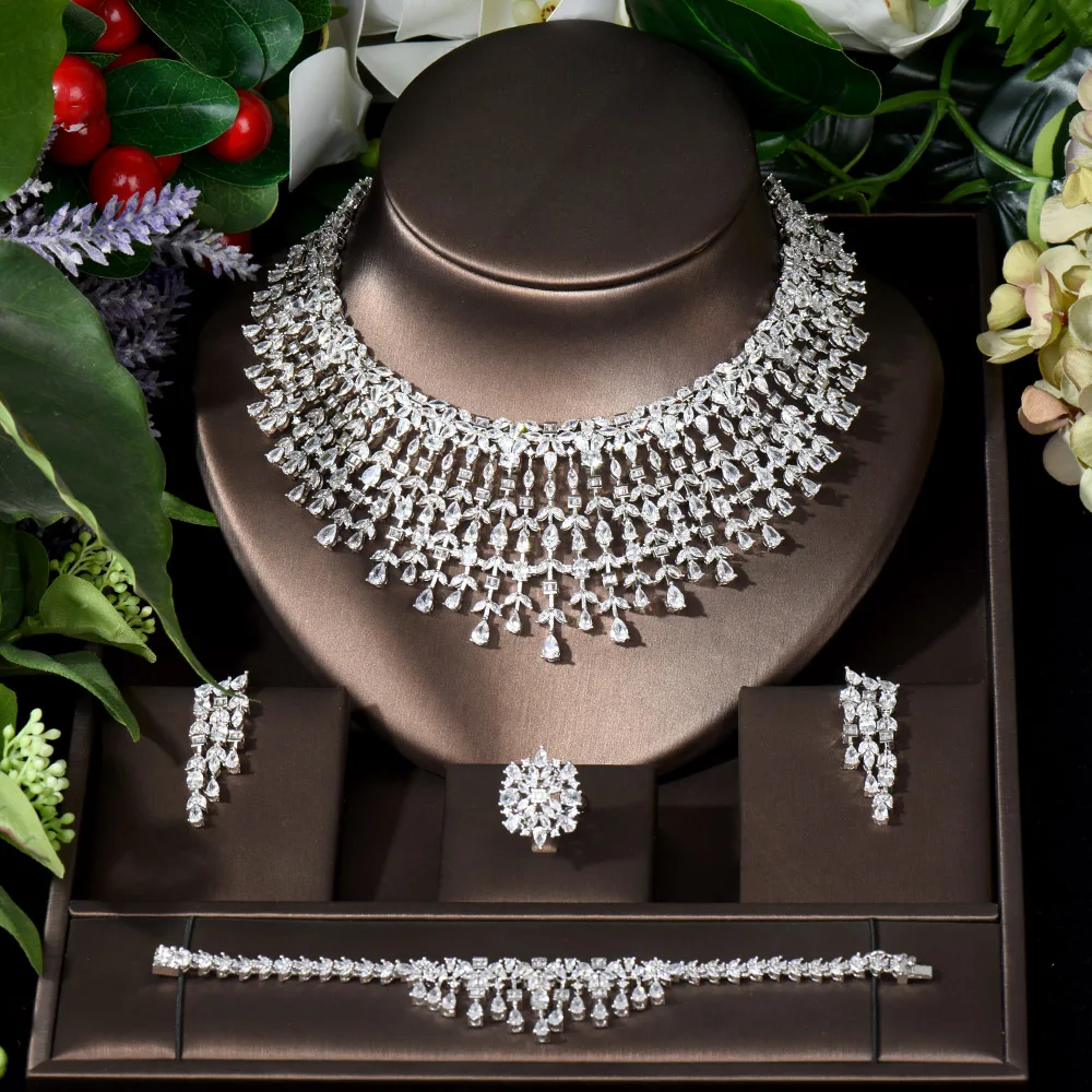 HIBRIDE Luxury 4pcs Earrings and Necklace Sets Leaf Water Drop White Color Women Bridal Wedding Jewelry Accessories bijoux N-876