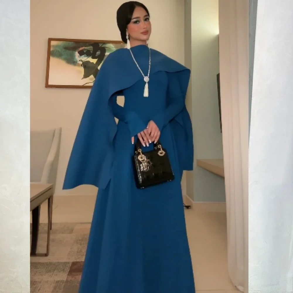 Blue Satin Prom Dress Evening Jersey Pleat Prom A-line High Collar Bespoke Occasion Gown Long Dresses Saudi Arabia For Women