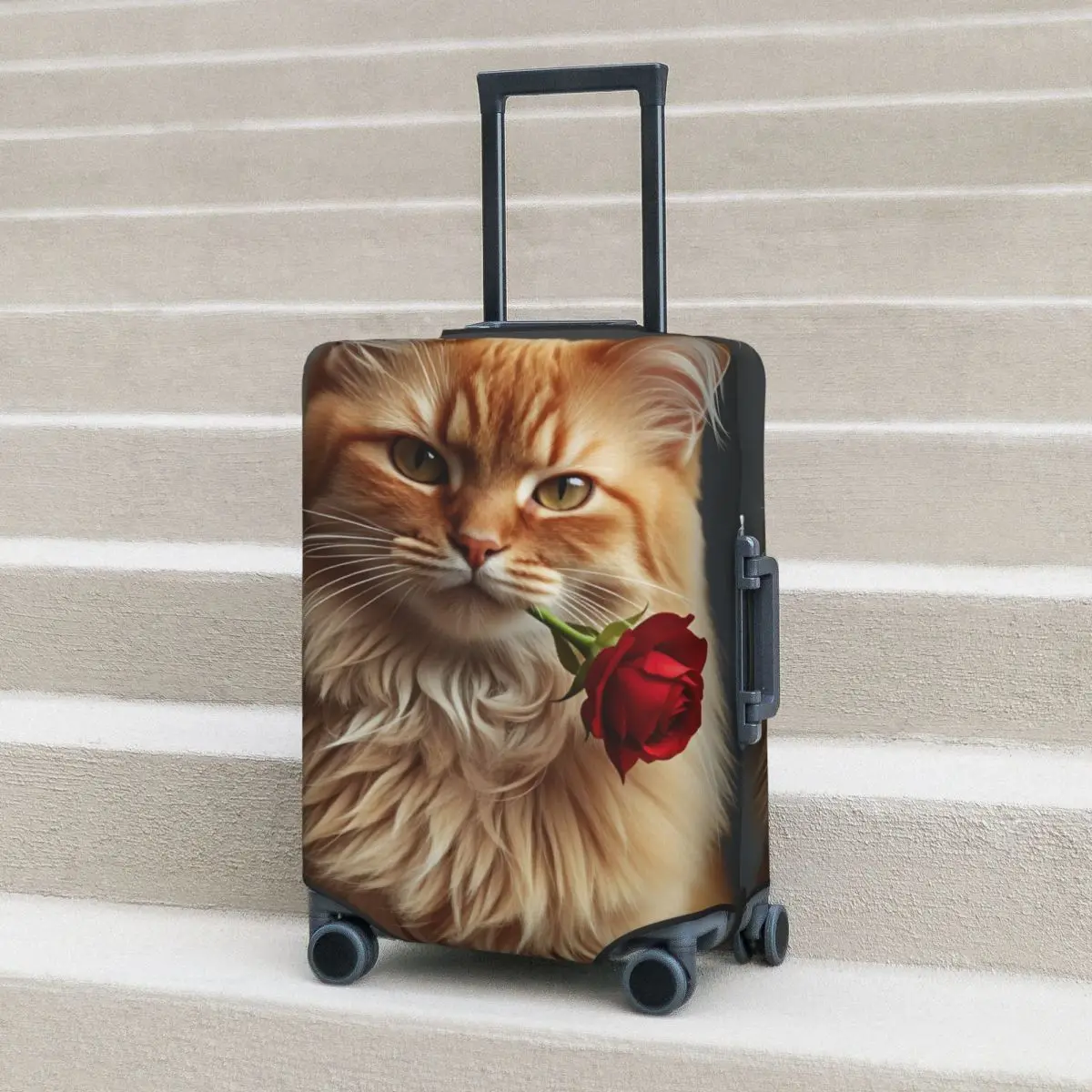 Kawaii Elegant Long-haired Cat With Rose Suitcase Cover Travel Protection Flight Practical Luggage Supplies