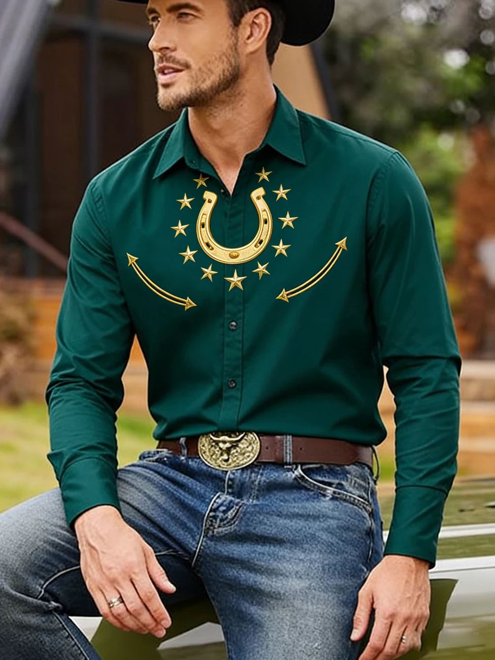 Men's American Country Black Horse Moon 3D Printed Black Shirt Long Sleeve Collar Button Business Casual Hawaiian Shirt For Men