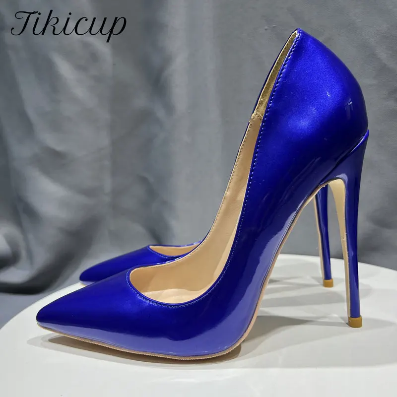 Tikicup Shiny Blue Women Patent Leather Pointy Toe High Heel Shoes for Evening Dress Formal Slip On Fashion Lady Stiletto Pumps