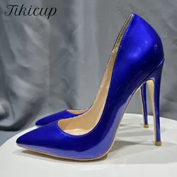 Tikicup scarpe da donna con tacco alto in pelle verniciata blu lucido per abito da sera Slip On décolleté a spillo da donna alla moda