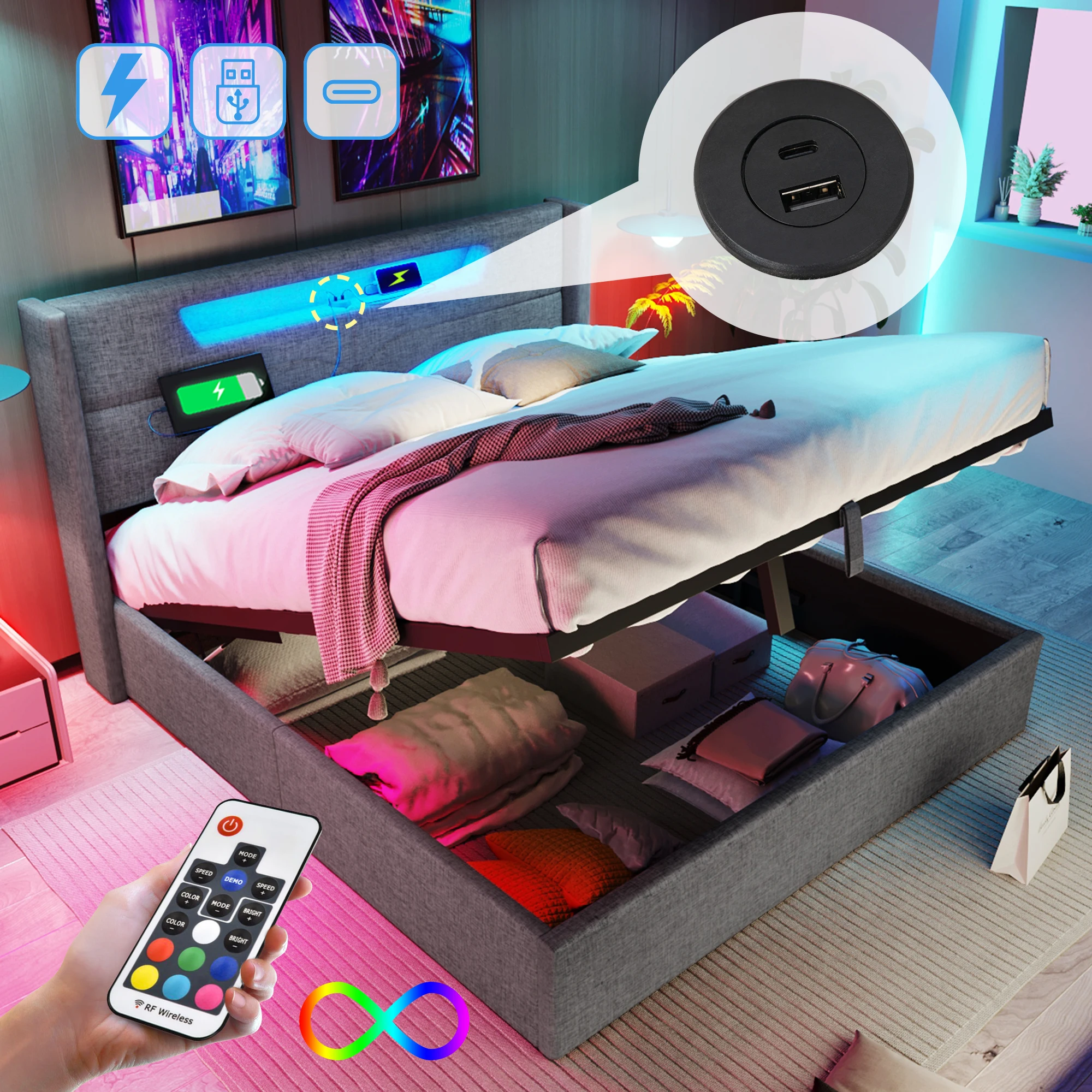 Lit coffre double 160 × 200 cm USB, Type-C et LED réglables - sans matelas, Lin Gris